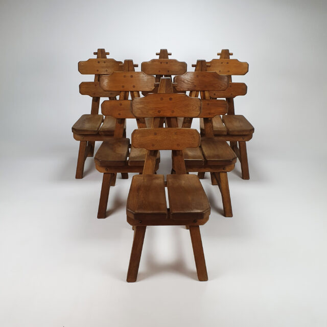 Set of 6 Brutalist Spanish Solid Oak Dining Chairs, 1970
