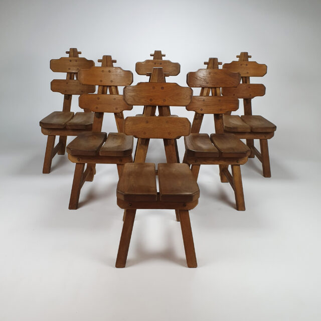 Set of 6 Brutalist Spanish Solid Oak Dining Chairs, 1970