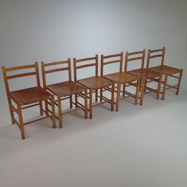 Set of 6 Mid Century Pine and Leather Dining Chairs by Ate van Apeldoorn, 1960s