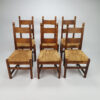 Vintage Oak and Straw rustic dining chairs, set of 6, 1950s