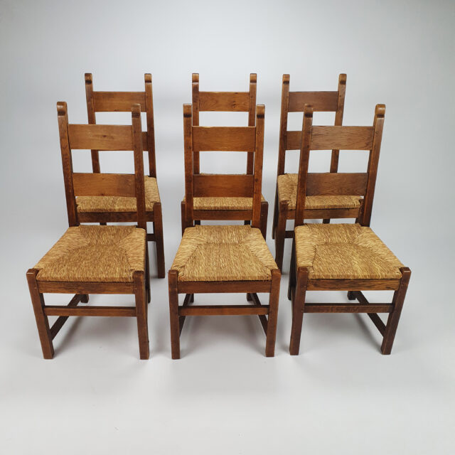 Vintage Oak and Straw rustic dining chairs, set of 6, 1950s