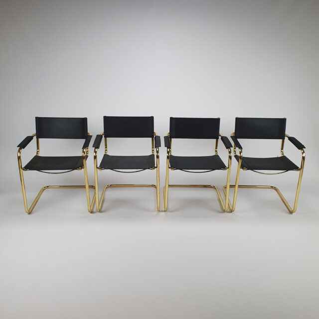 Set of 4 Brass Tubular Frame and Leather Arm Chairs, Italy, 1970