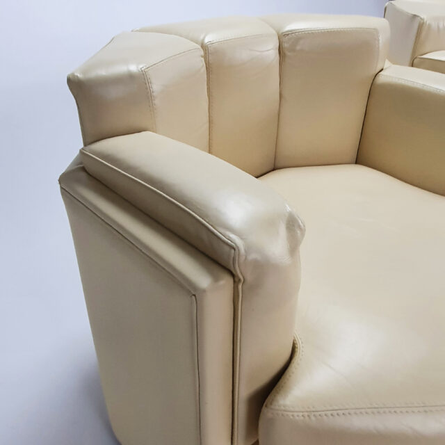 Set of 2 Postmodern Octagon Creme Leather Lounge Chairs, 1980s