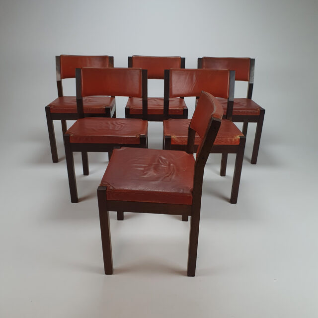 Set of 6 Cognac Leather Wenge Dining Chairs by Spectrum, 1960s