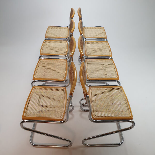 Set of 8 Tubular Frame and Cane Cantilever Zigzag Dining Chairs, Italy, 1970s