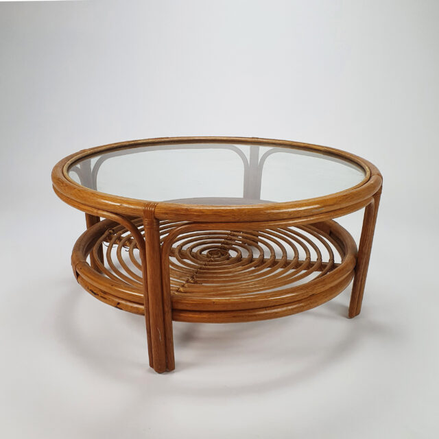 Vintage rattan coffee table with glass top, 1970s