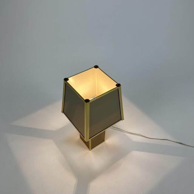 Hollywood Regency Brass and Smoked Mirror Table Lamp, Belgium, 1970s