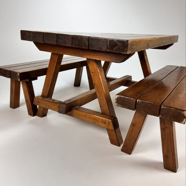 Pine set consists of a table and two benches, 1960s