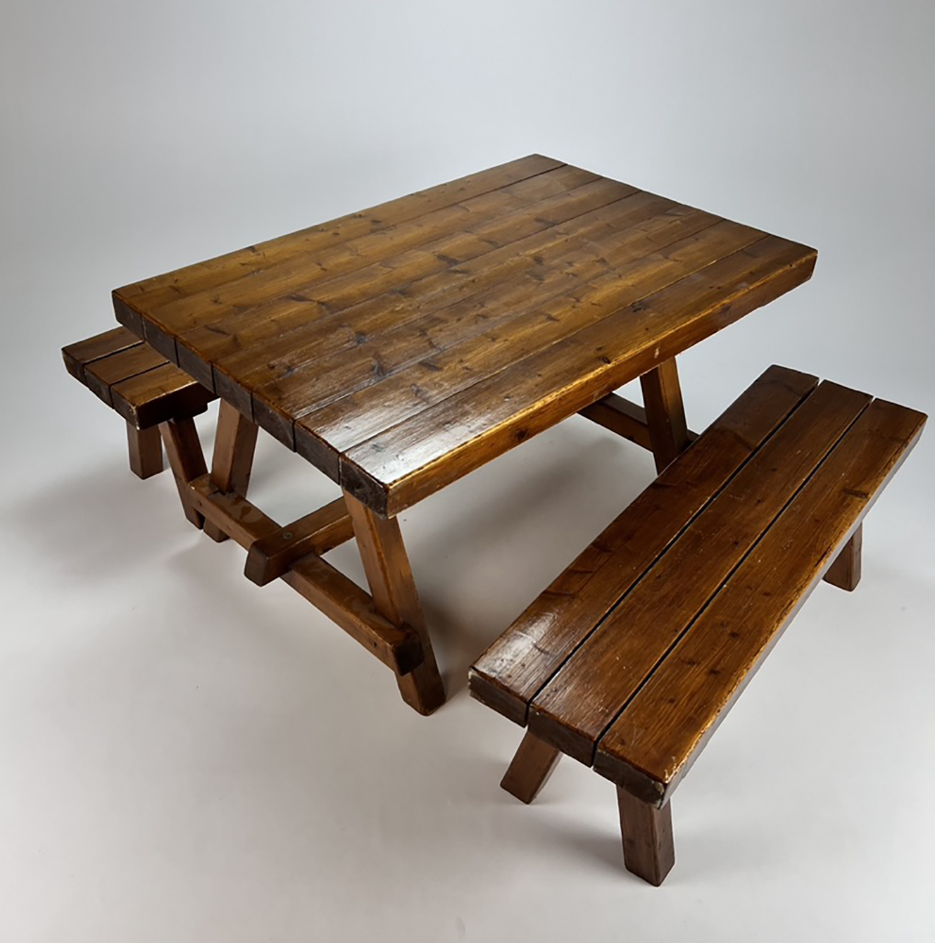 Pine set consists of a table and two benches, 1960s