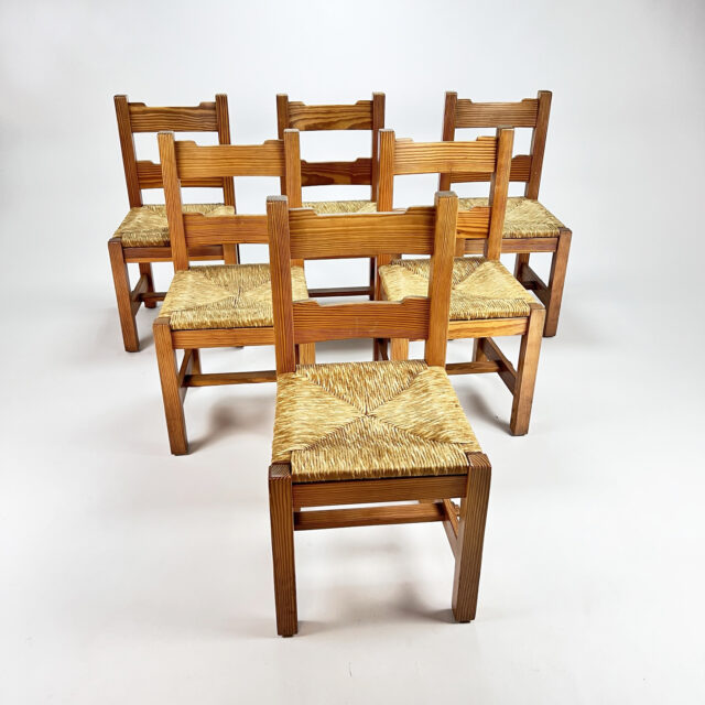 Mid Century Pine and Rush Dining Chairs, Set of 6, 1960s