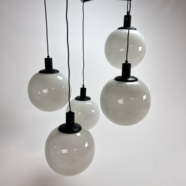 Very Large Mid Century Hanging lamp with 5 White Bols, 1970s