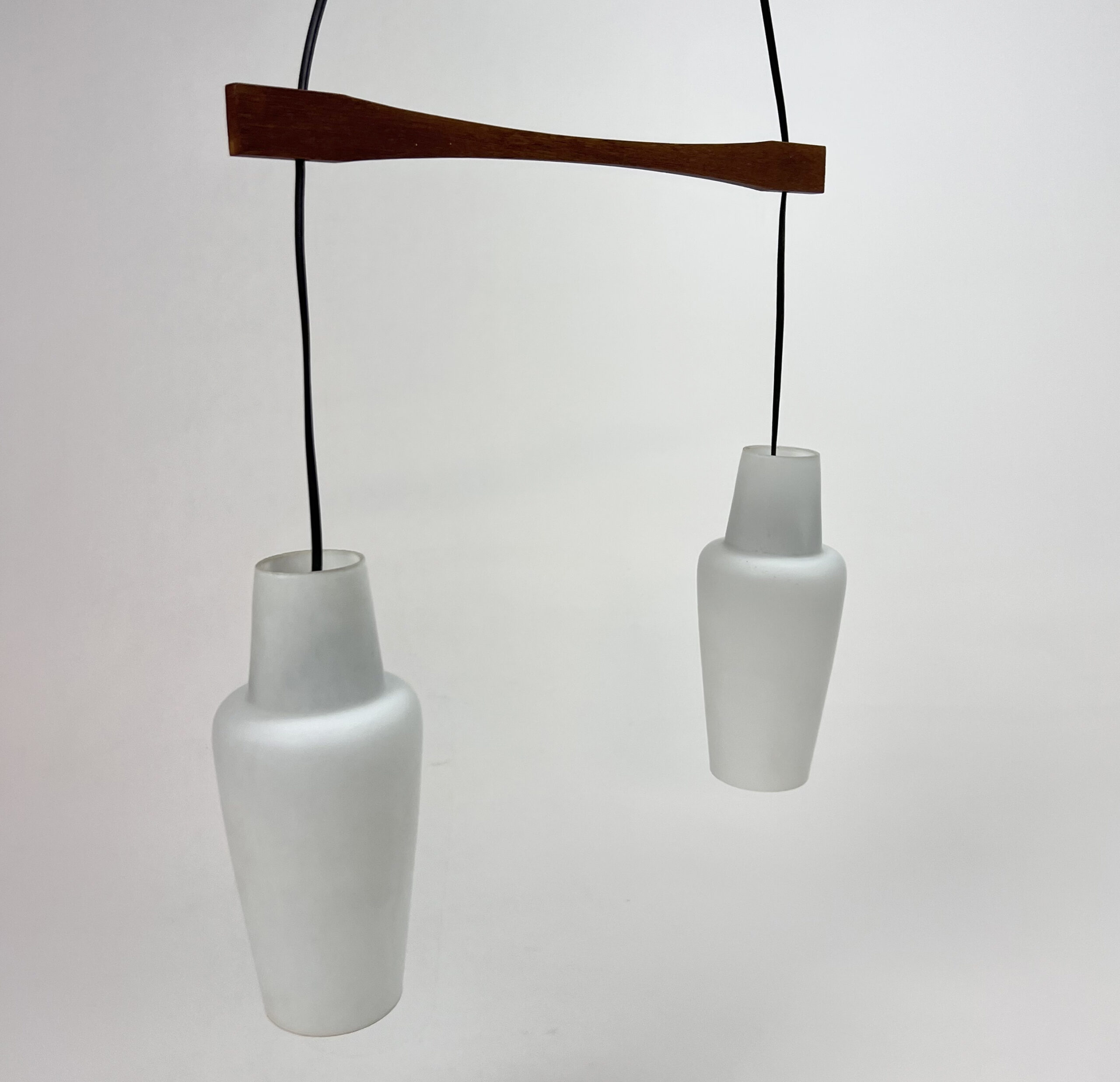 Danish Teak Hanging Lamp with White Glass Chalises, 1950s