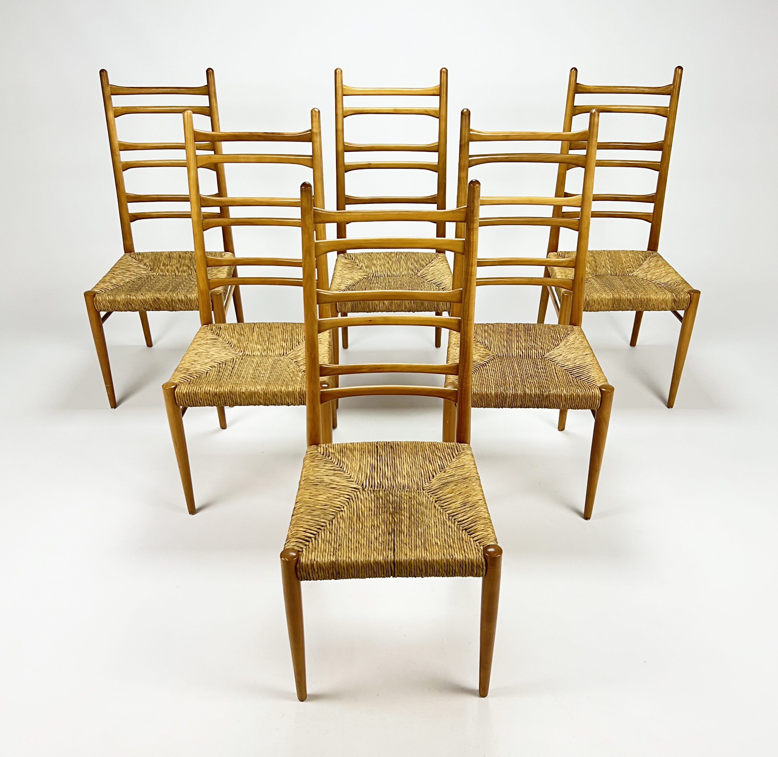 Mid Century Italian Birch and Rush Dining Chairs, 1960s