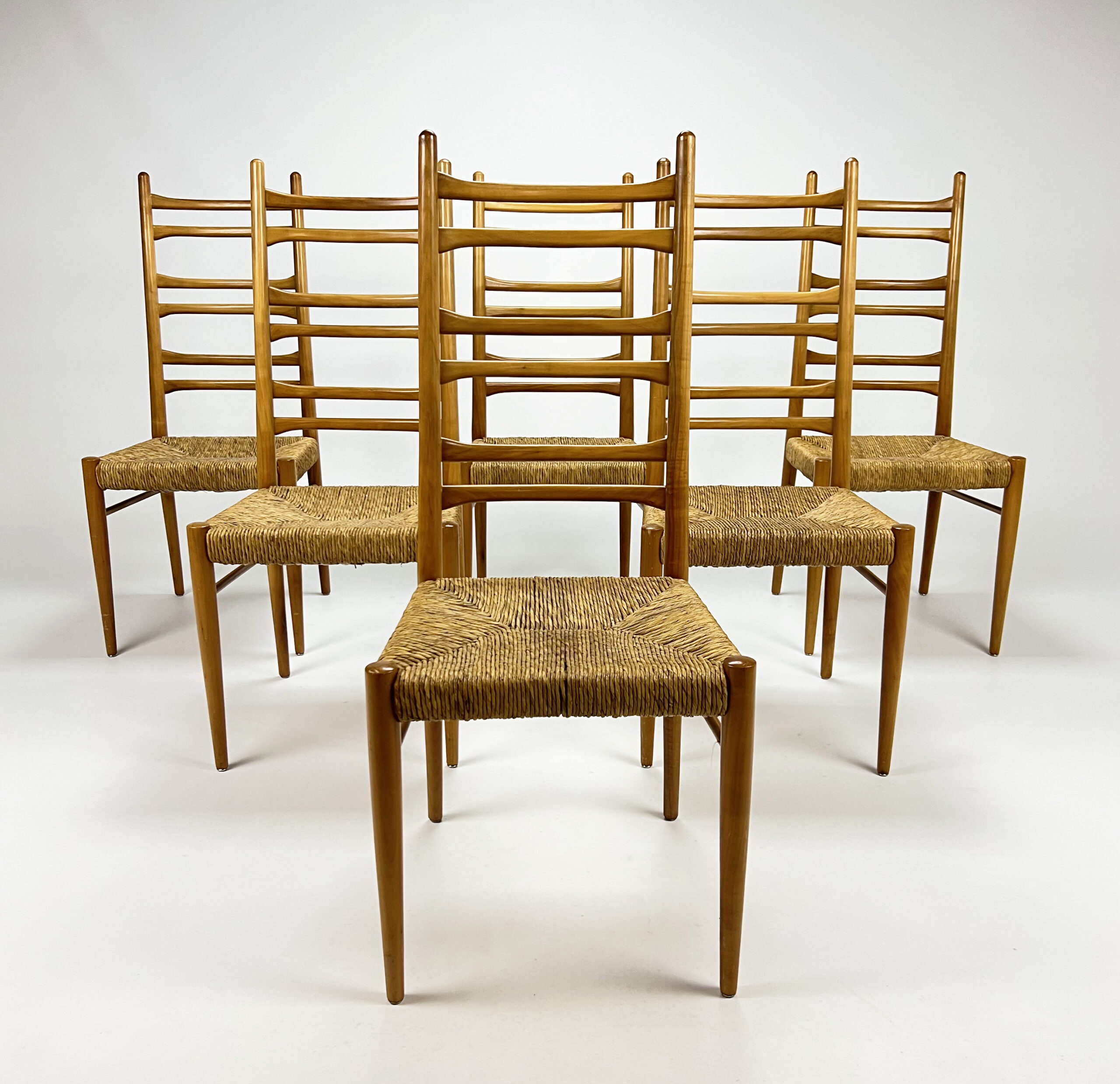 Mid Century Italian Birch and Rush Dining Chairs, 1960s