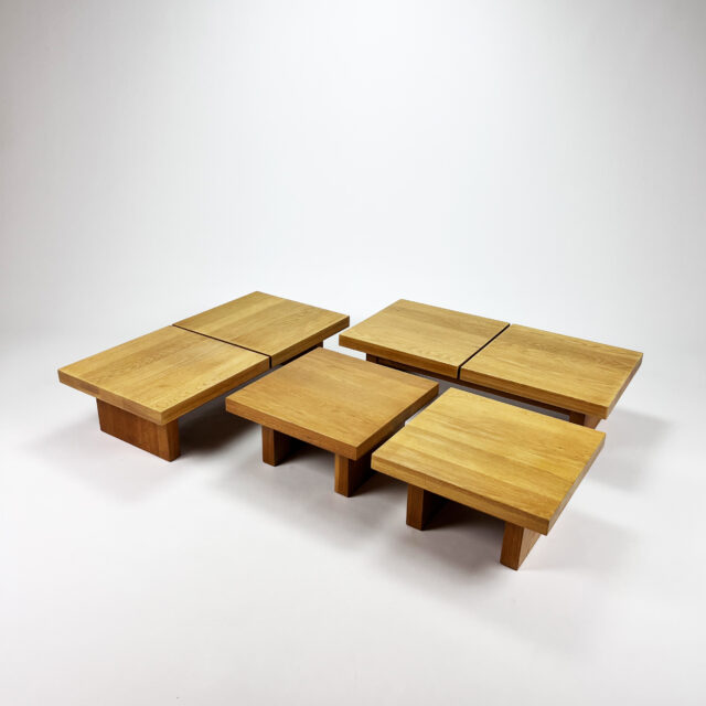Minimalistic Low Massive Oak Side and Coffee Tables, 1980s