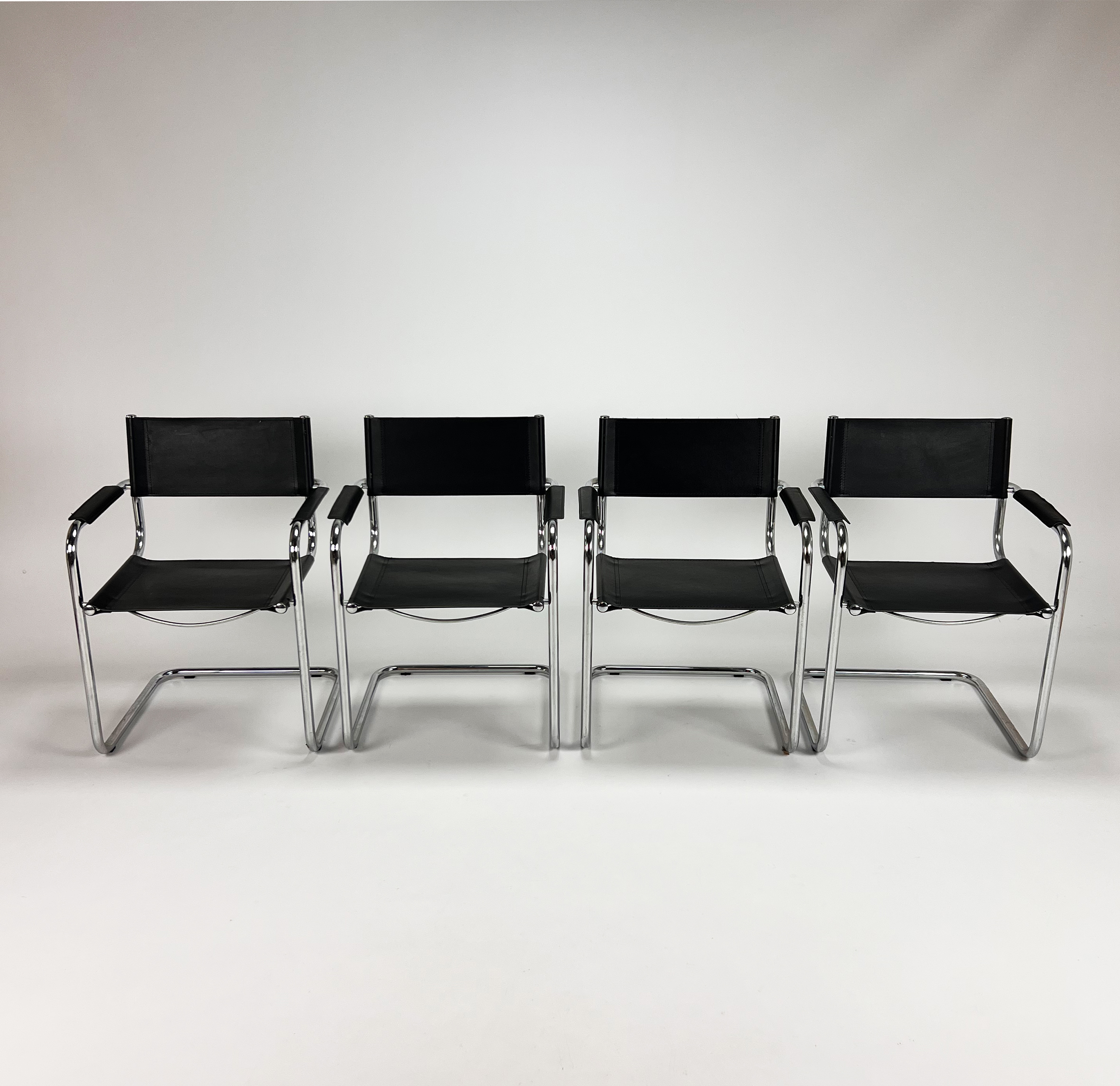 Set of 4 Bauhaus Cantilever Tubular and Leather Armchairs, 1970's