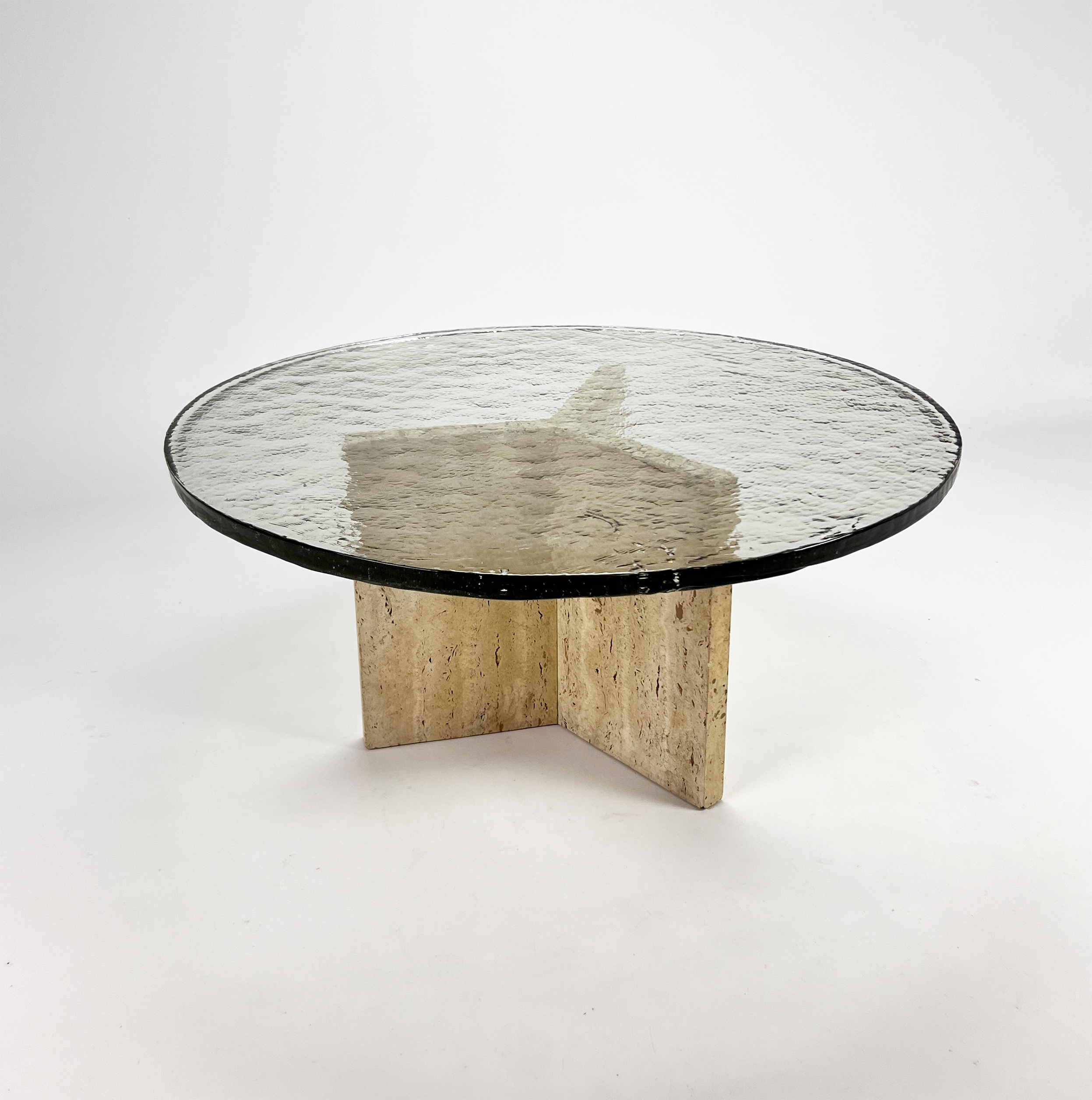 Mid Century Handmade Glass Coffee Table with Travertine Base, 1960s