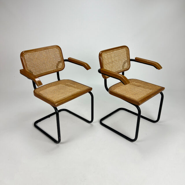 Set of 2 Tubular Frame and Cane Cantilever dining chairs, Italy, 1970s