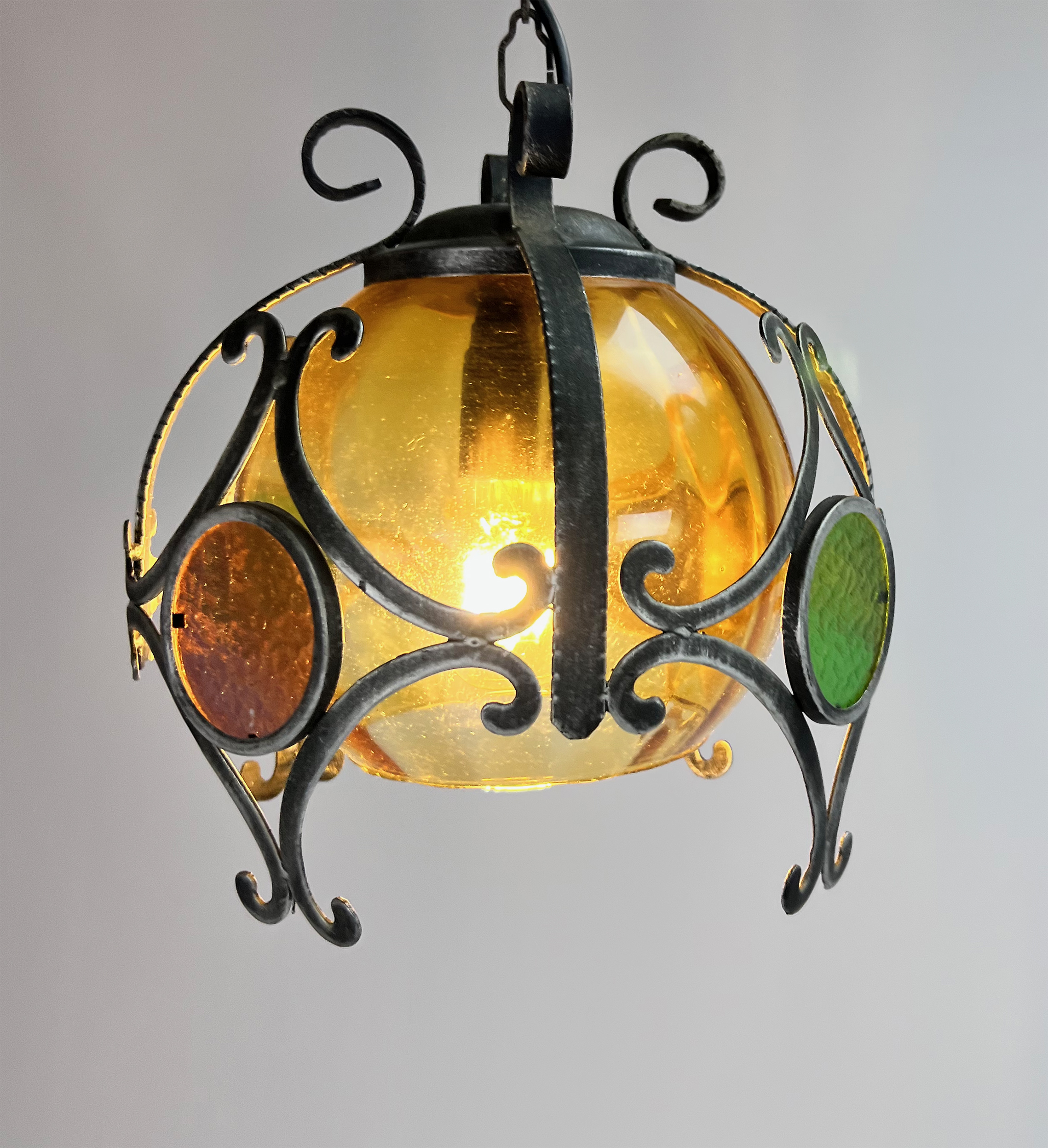 Brutalist cast Iron and Colored glass Pendant, 1970s