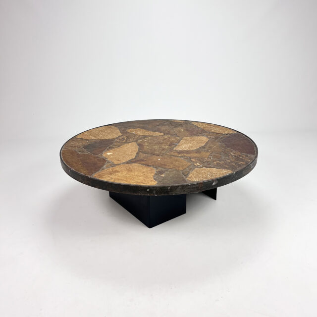 Brutalist Slate Stone Round Coffee Table, 1960s