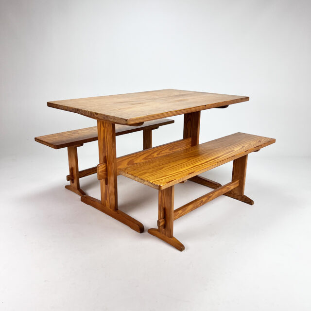 Mid Century Pine Dining Set consists of one Table and two Benches, 1960s