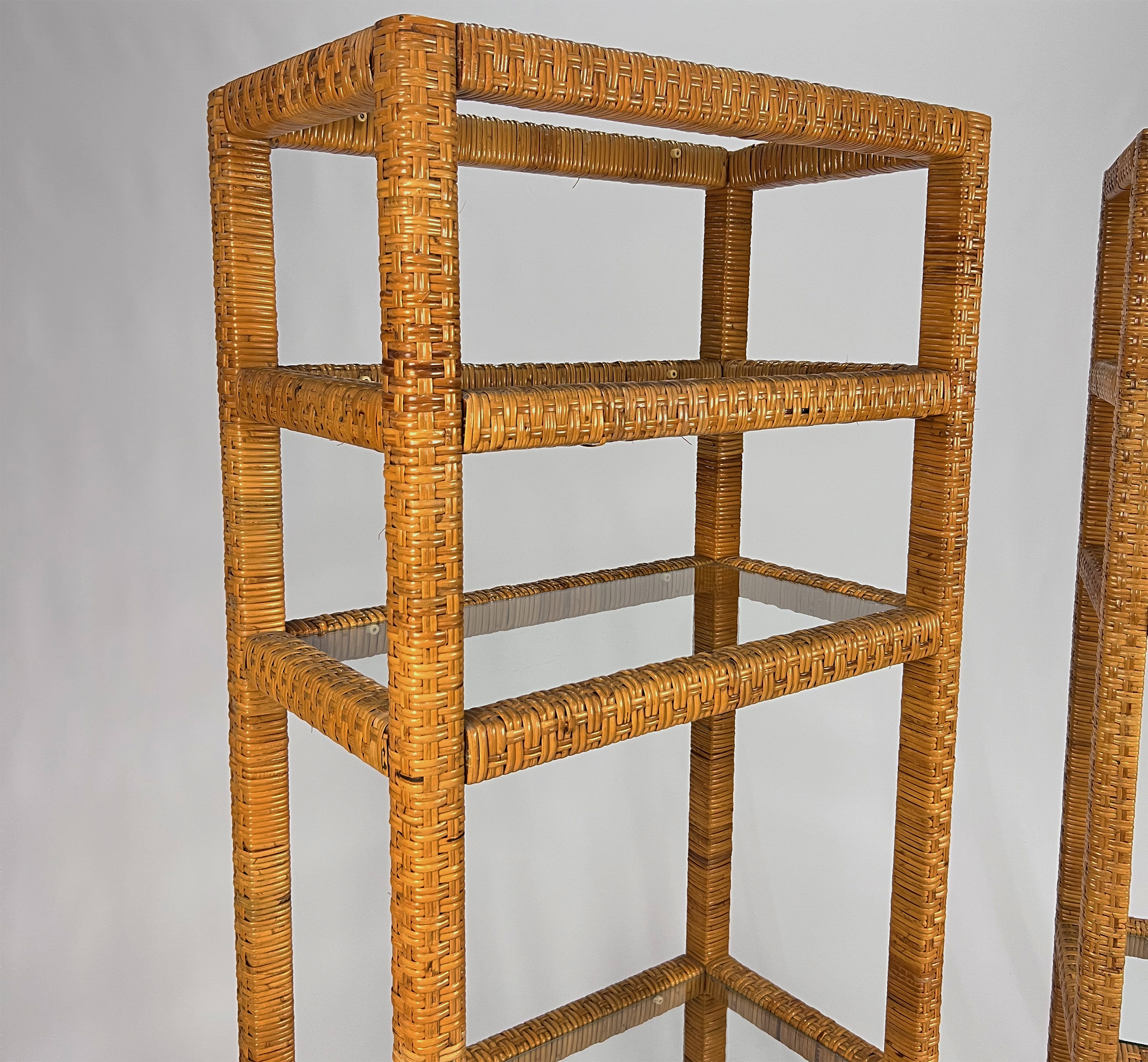 Set of 2 Mid Century Tall Wicker and Glass Etagere Cabinet, 1970s