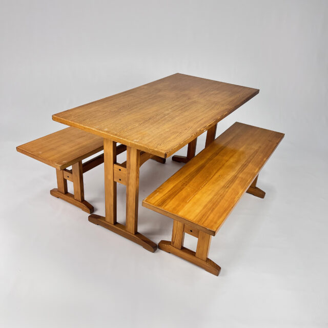 Mid Century Scandinavian Pine Dining Set consists of one Table and two Benches, 1960s