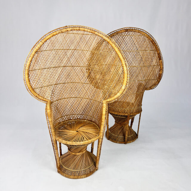 Set of 2 Vintage Rattan and Wicker Peacock Chairs, 1970s