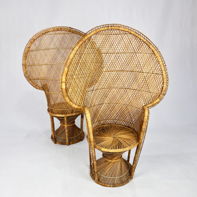Set of 2 Vintage Rattan and Wicker Peacock Chairs, 1970s