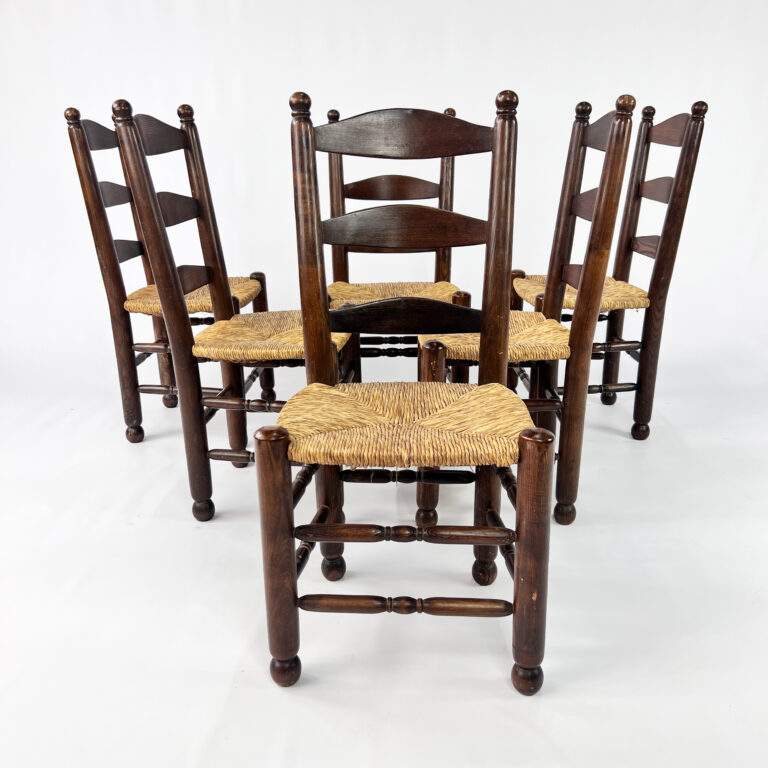 Set of 6 French Antique Rush and Oak Dining Chairs, 1900s