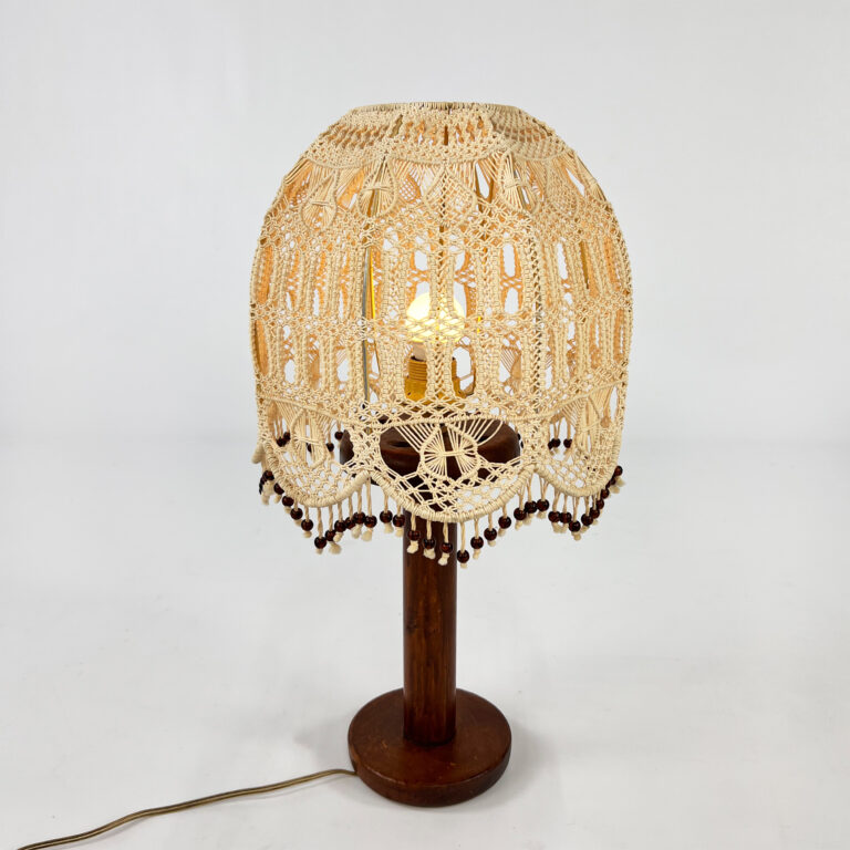 Table lamp with oak base and macramé lampshade, 1960s