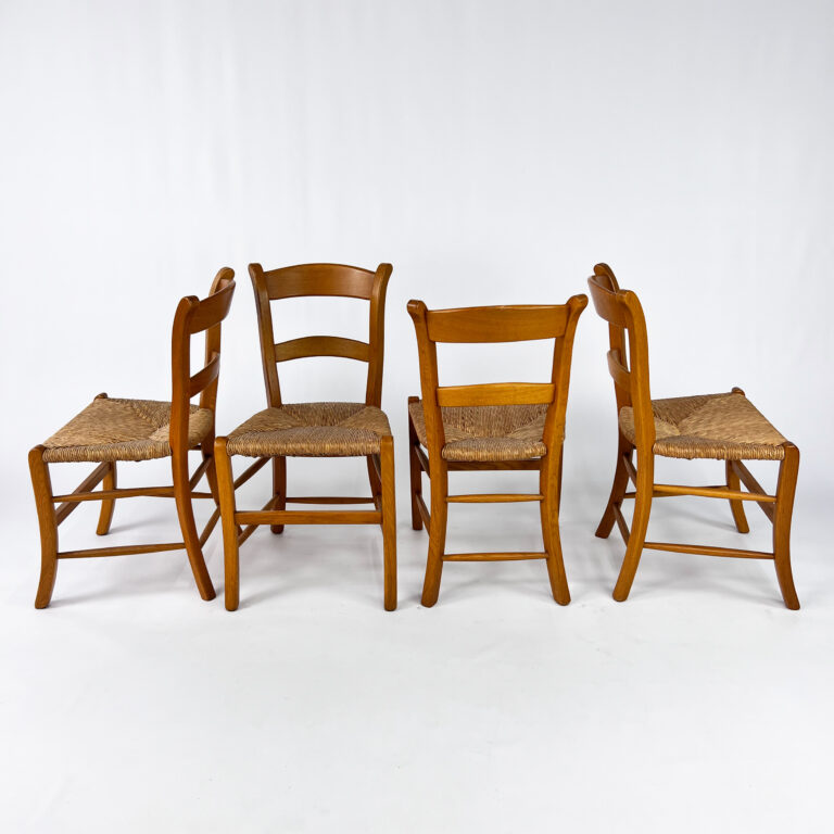 Set of 4 Oak and Rush French Dining Chairs, 1970s