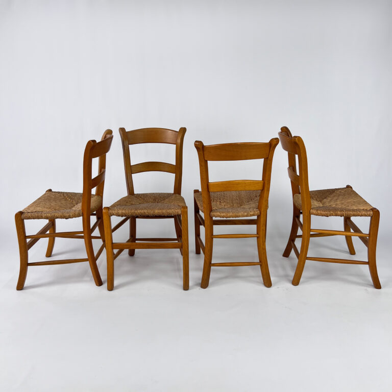 Set of 4 Oak and Rush French Dining Chairs, 1970s