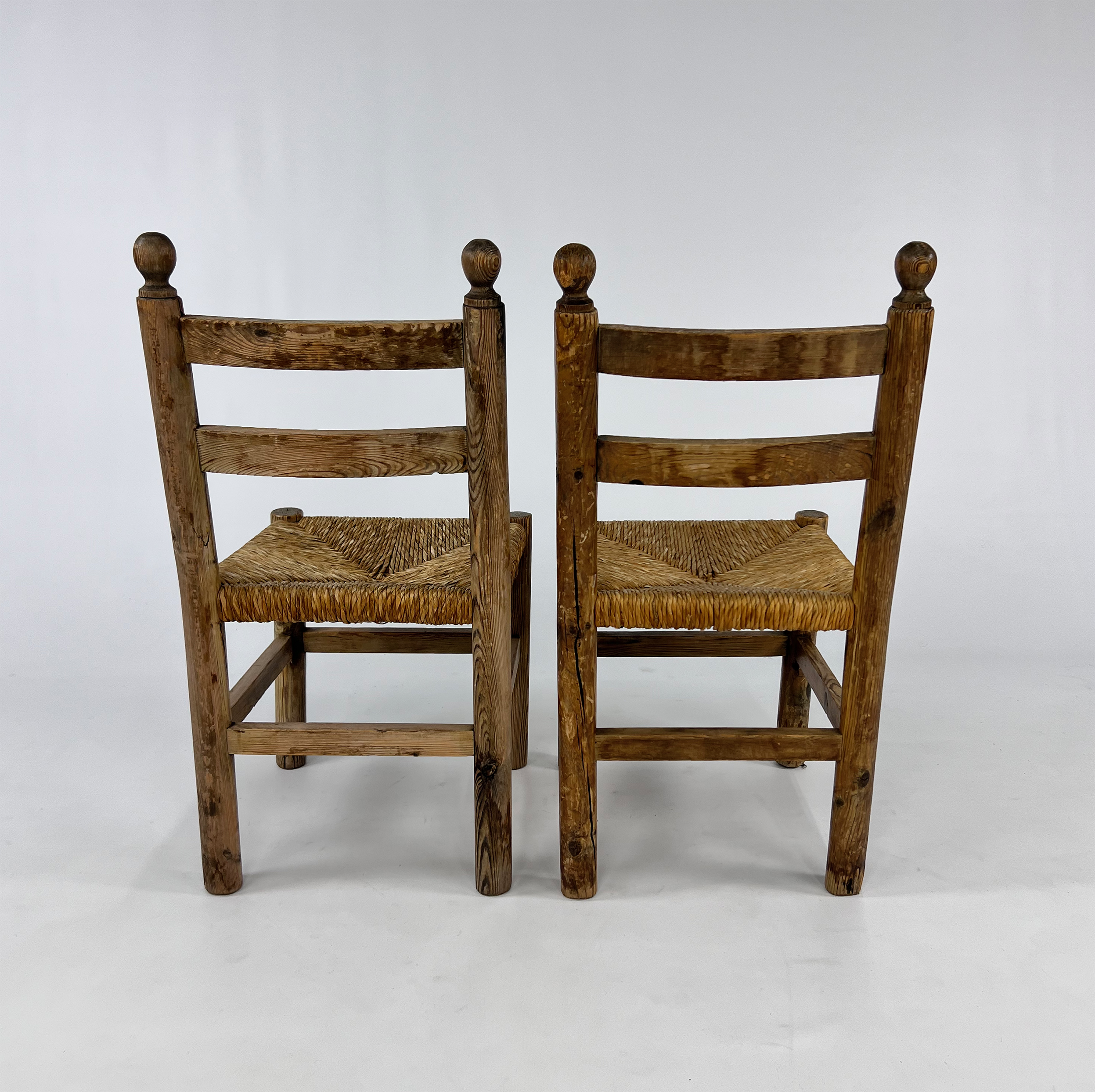 Set of 2 French Pine and Rush Rustic Side Chairs, 1940s