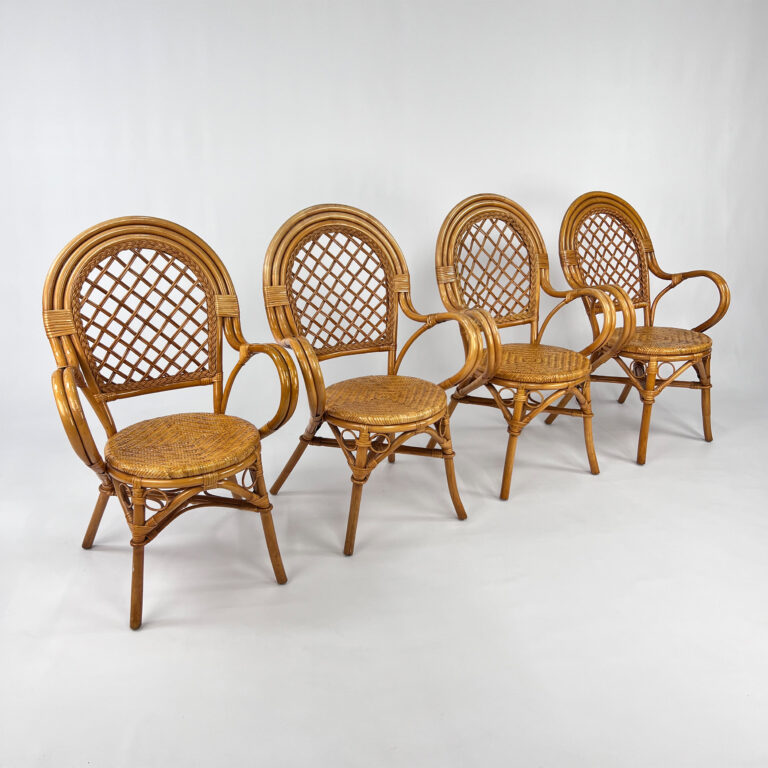 Set of 4 Vintage Rattan and Bamboo Chairs, 1970s