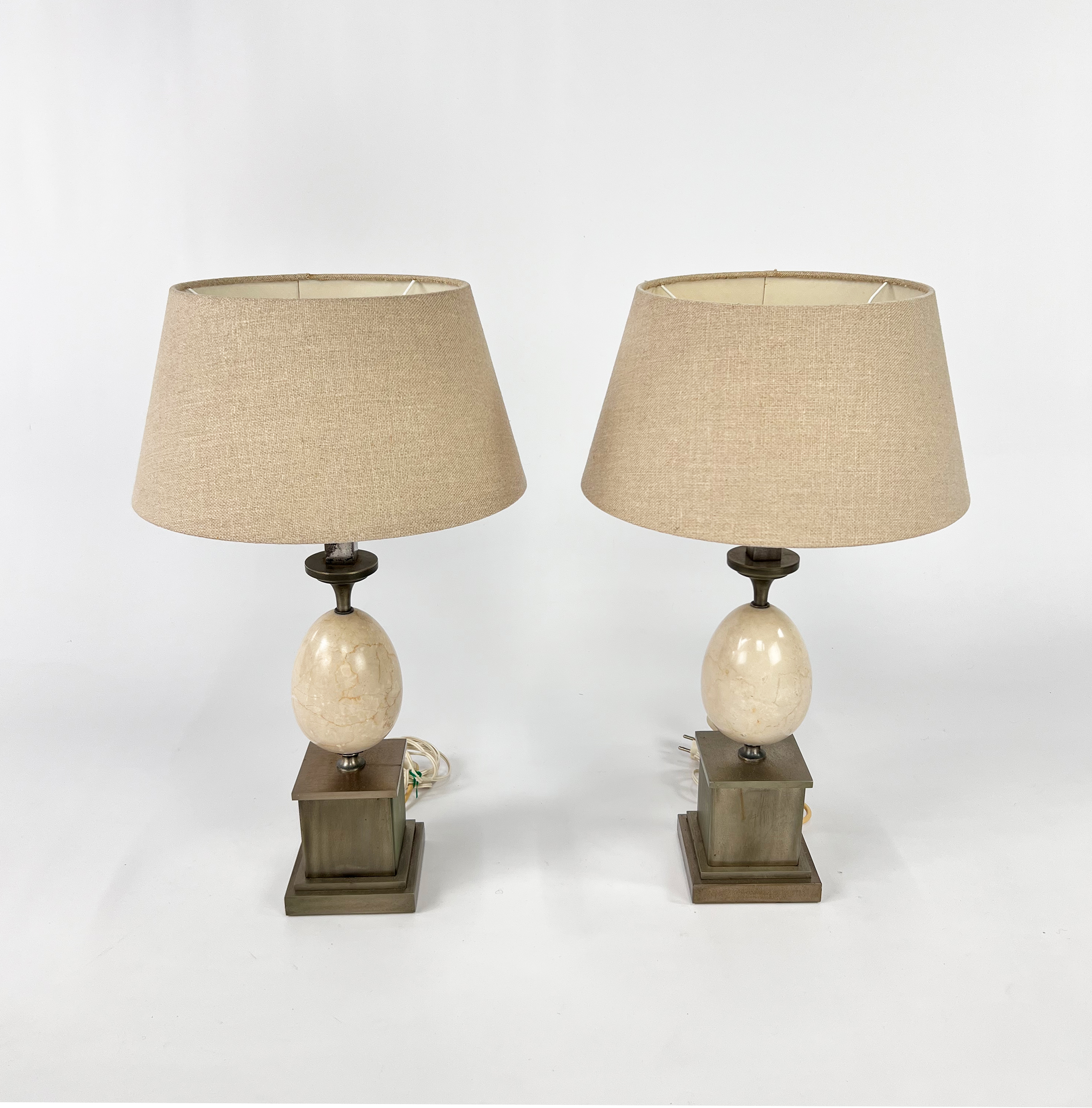 Set of 2 French Marble Egg and Steel lamps, 1970s