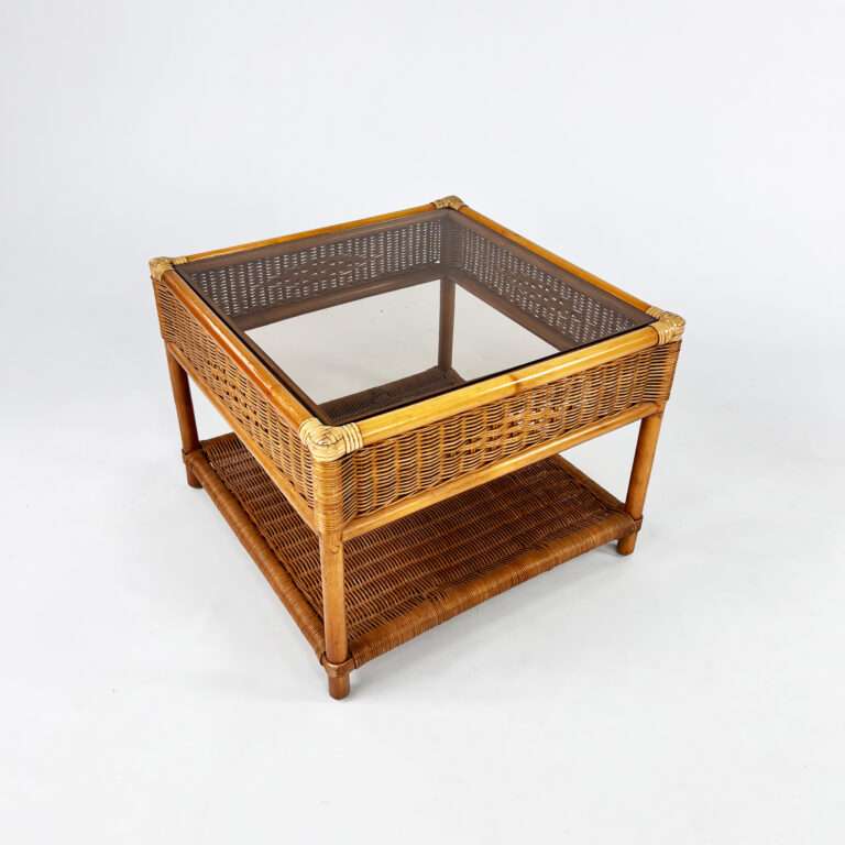 Bamboo and Rattan Side Table with Smoked Glass Top, 1970s