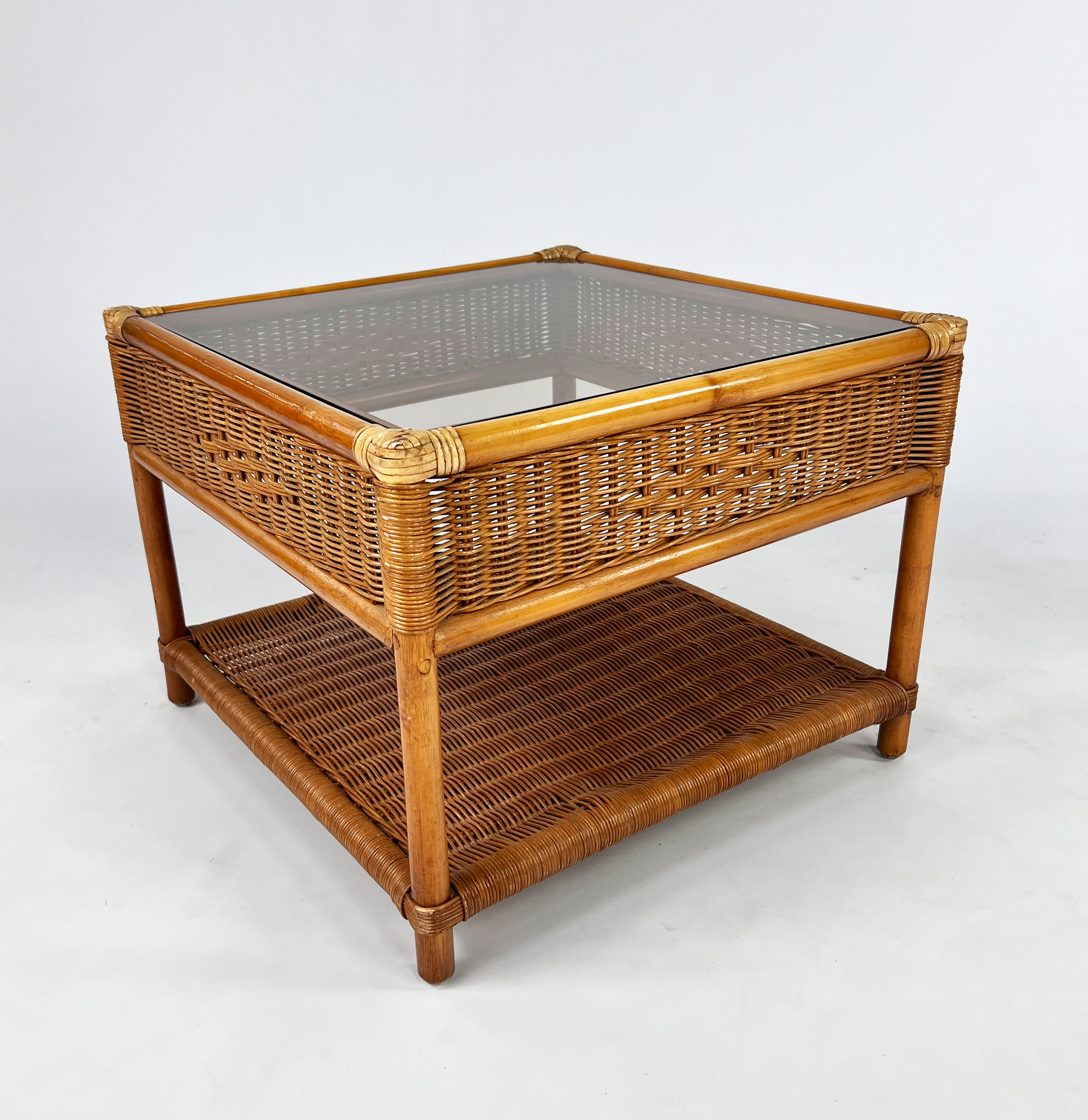 Bamboo and Rattan Side Table with Smoked Glass Top, 1970s
