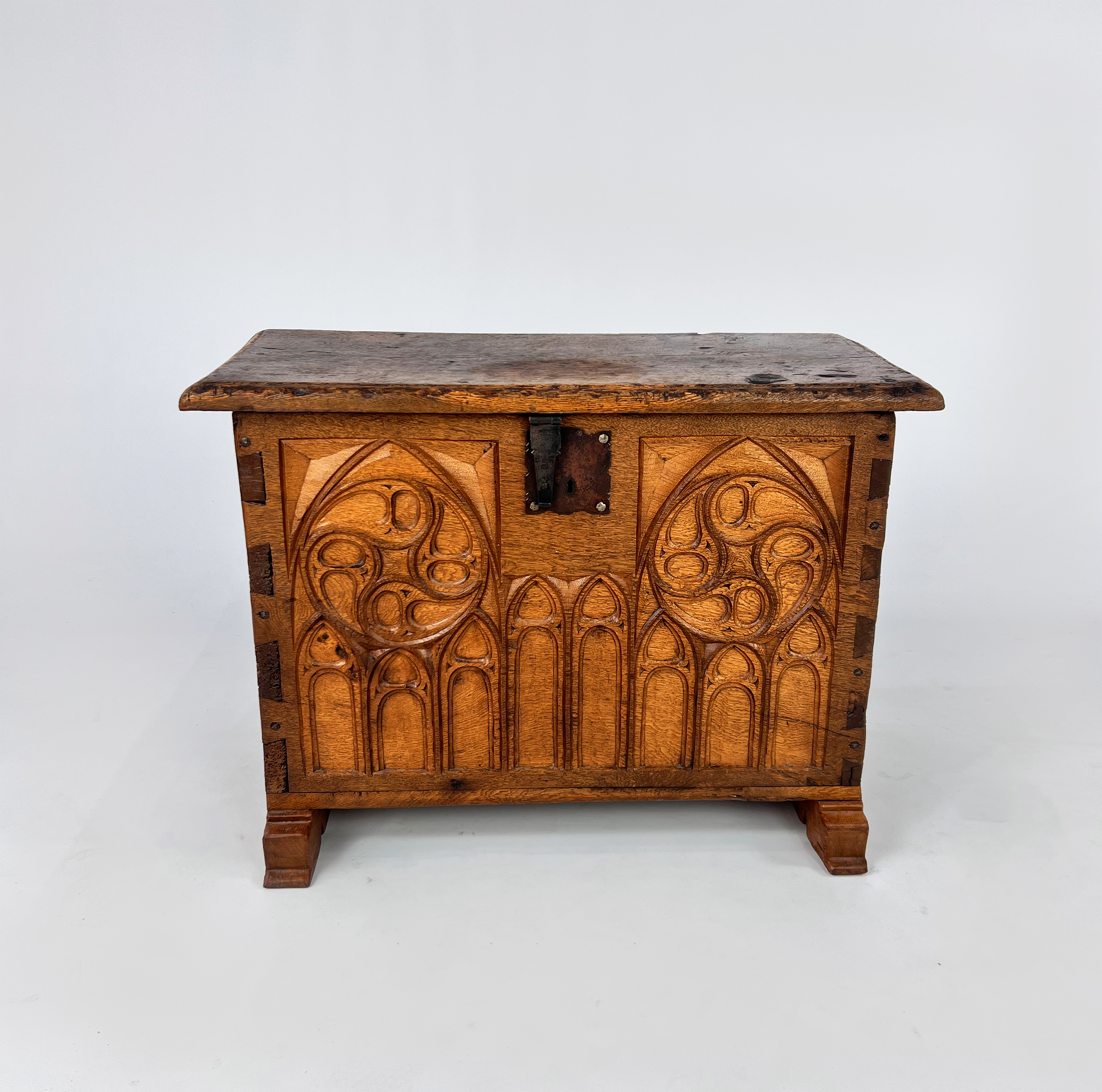Antique Oak Chest with Carved Gothic Panel, 1900s