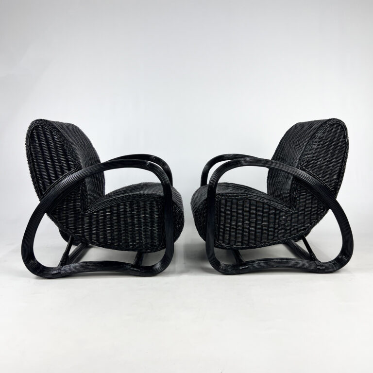 Set of 2 Black Lacquered Rattan Lounge Chairs, French, 1960s