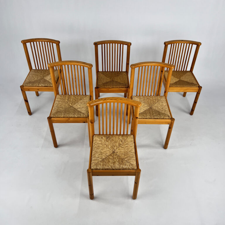 Set of 6 Scandinavian Pine and Rush Dining Chairs, 1970s