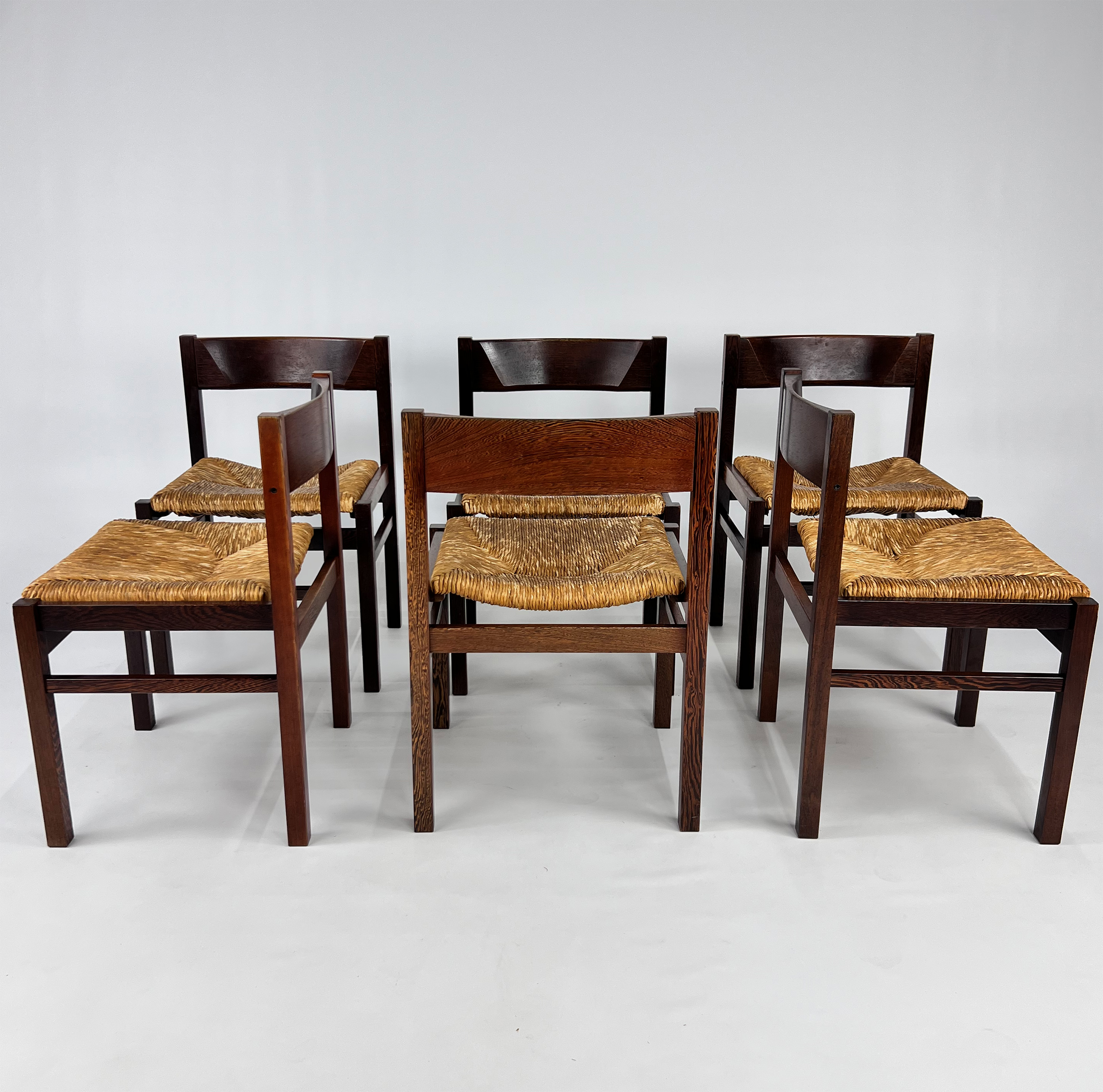 Set of 6 Mid Century Wenge and Rush Dining Chairs, 1960s