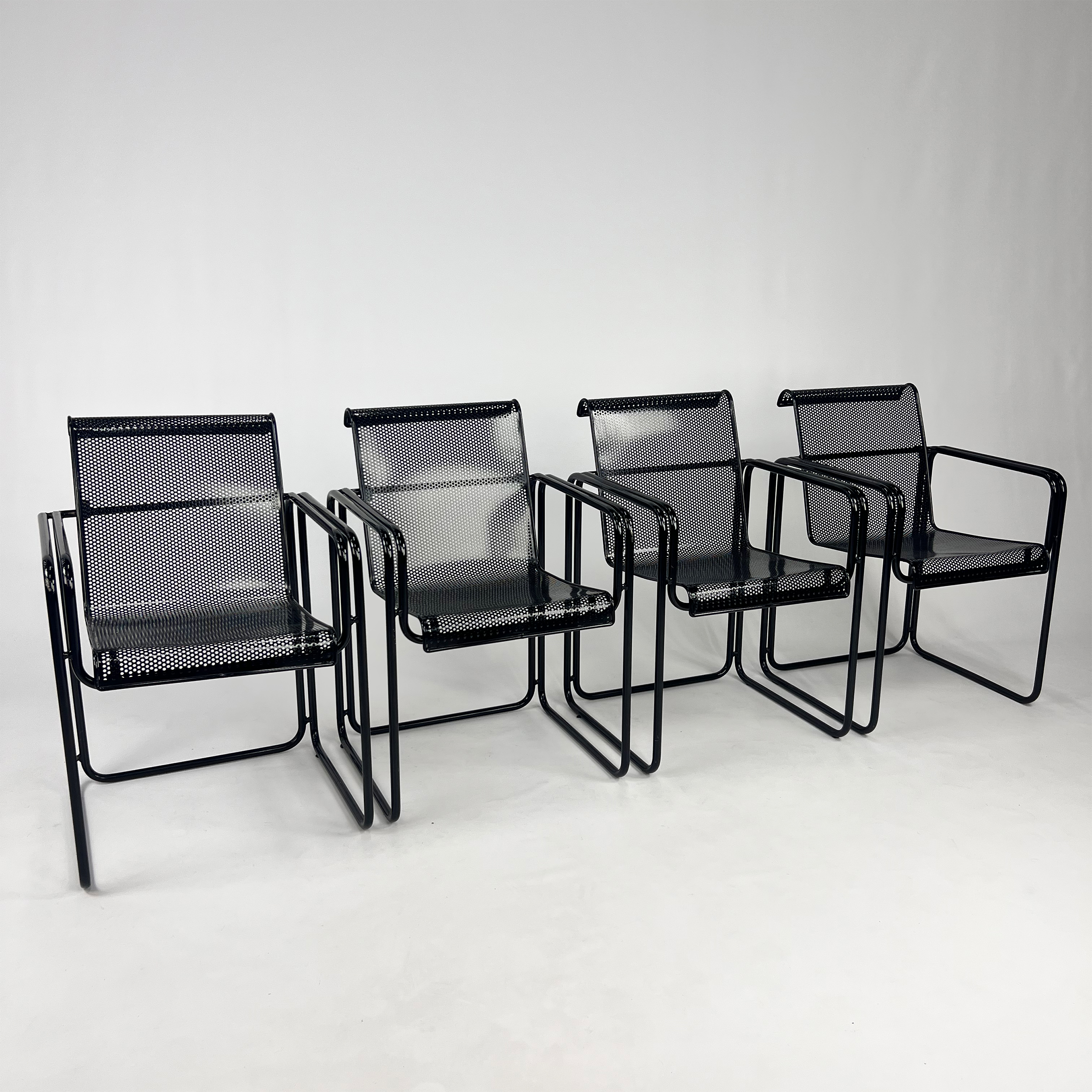 Set of 4 Postmodern Perforated Metal Arm Chairs, 1980s