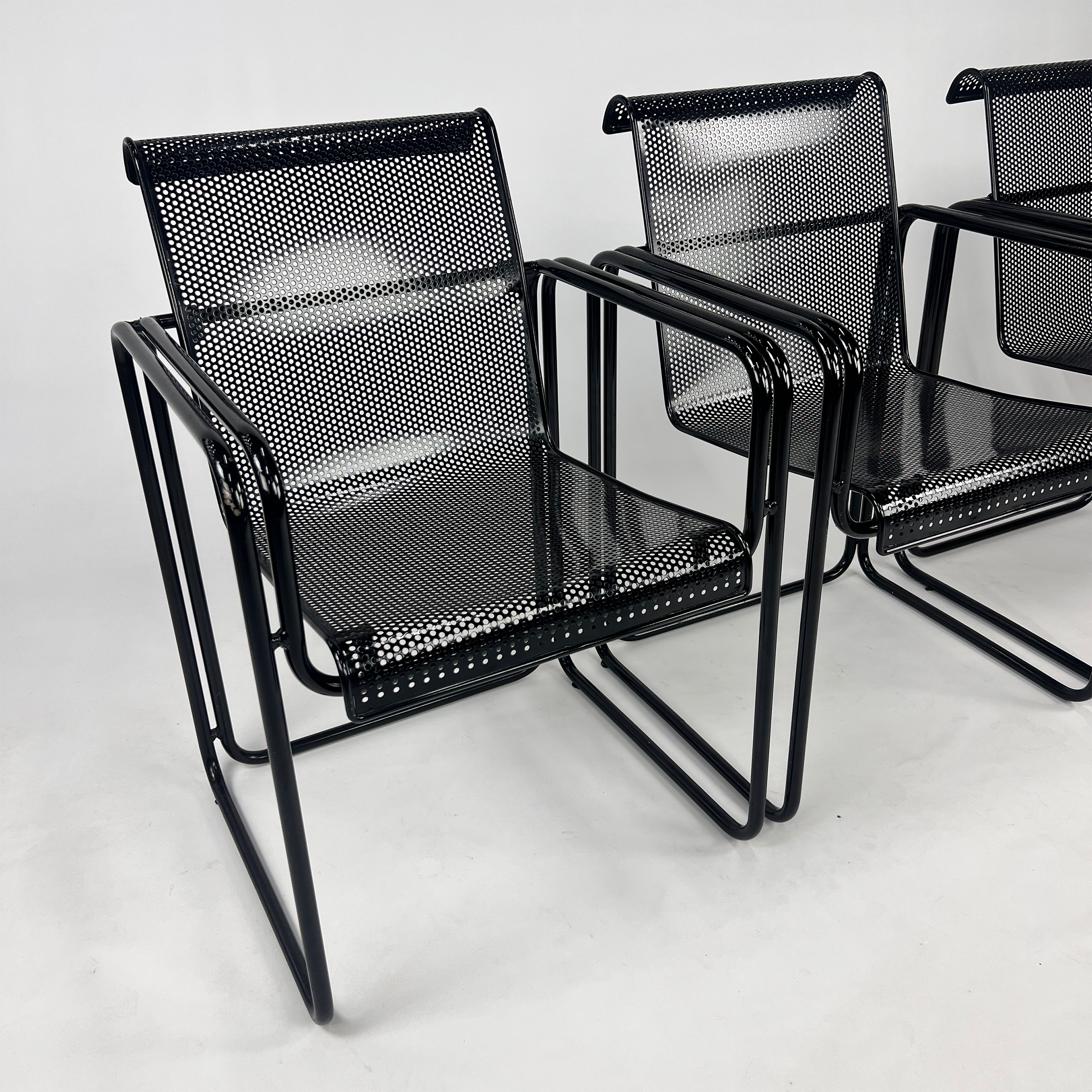 Set of 4 Postmodern Perforated Metal Arm Chairs, 1980s