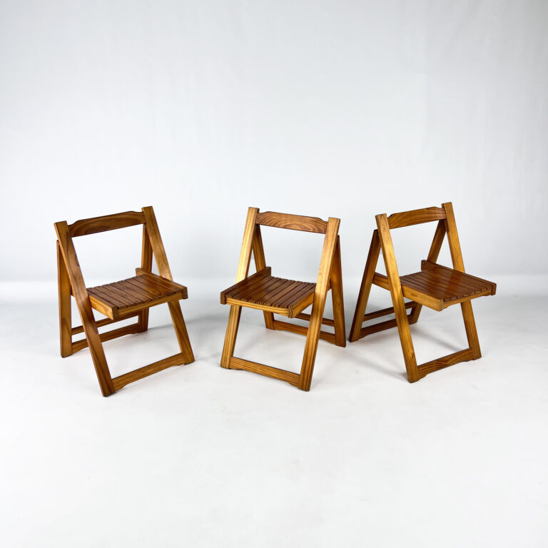 Set of 3 Pine Wood Folding Chairs, 1970s