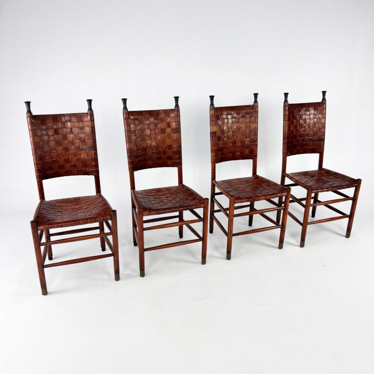 Set of 4 Pine and Leather Dining Chairs, 1970s