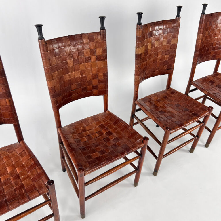 Set of 4 Pine and Leather Dining Chairs, 1970s