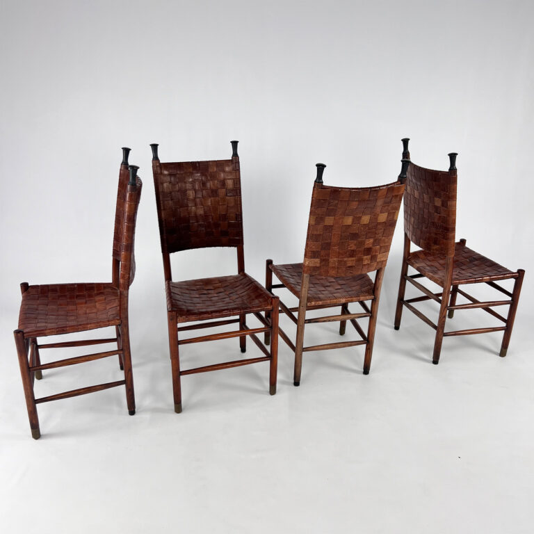 Set of 4 Pine and Leather Dining Chairs, 1970s