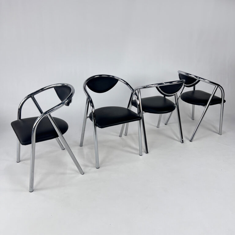 Set of 4 Postmodern Tubular Frame and Leather Dining Chairs, 1980s