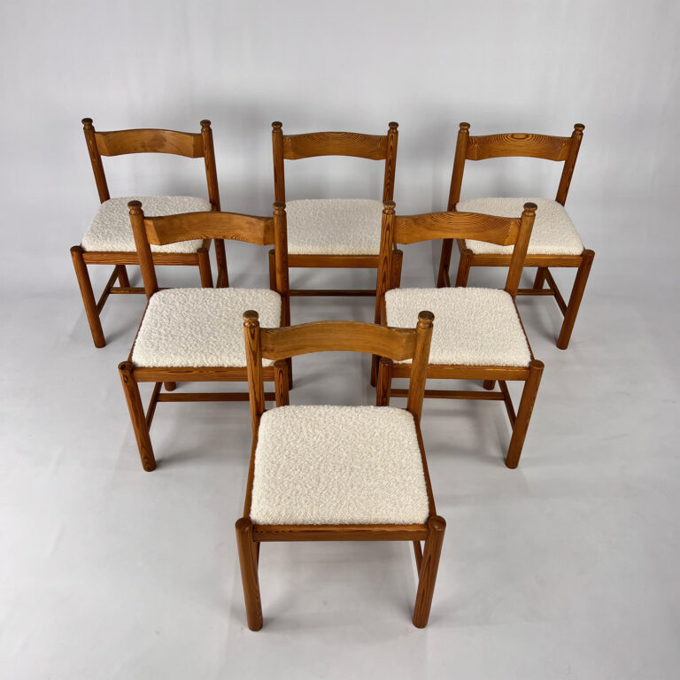 Set of 6 Pine and Boucle Rustic Dining Chairs, 1960s